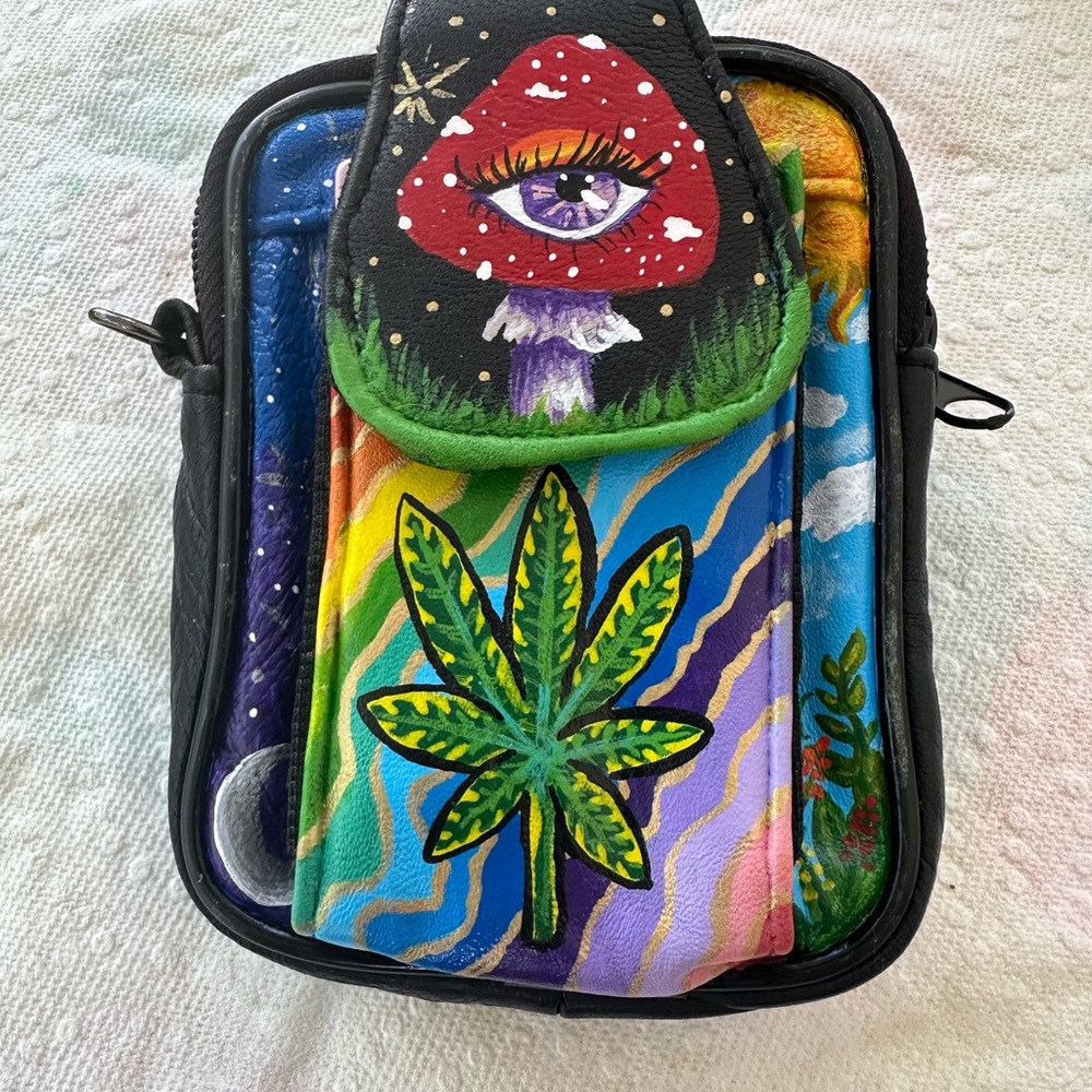 Small hand painted vintage leather Psychedelic crossbody pouch featuring Amanita
